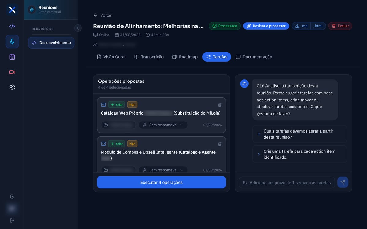 Ata de reunião gerada automaticamente, ao lado das tarefas atribuídas.